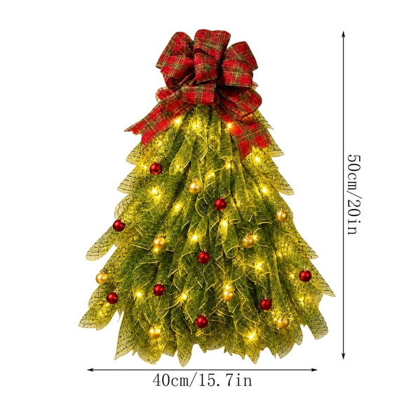 Blasgw LED Illuminated Handmade Christmas Tree Wreath, Lighted Door Hanging with Plaid Bow & Ornaments, Indoor Outdoor Holiday Decor