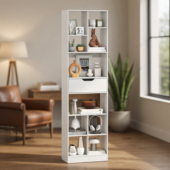 Resenkos 71 Inch Tall Freestanding Bookcase with Drawer, 10-Cube Large Storage Organizer for Home, Office, White