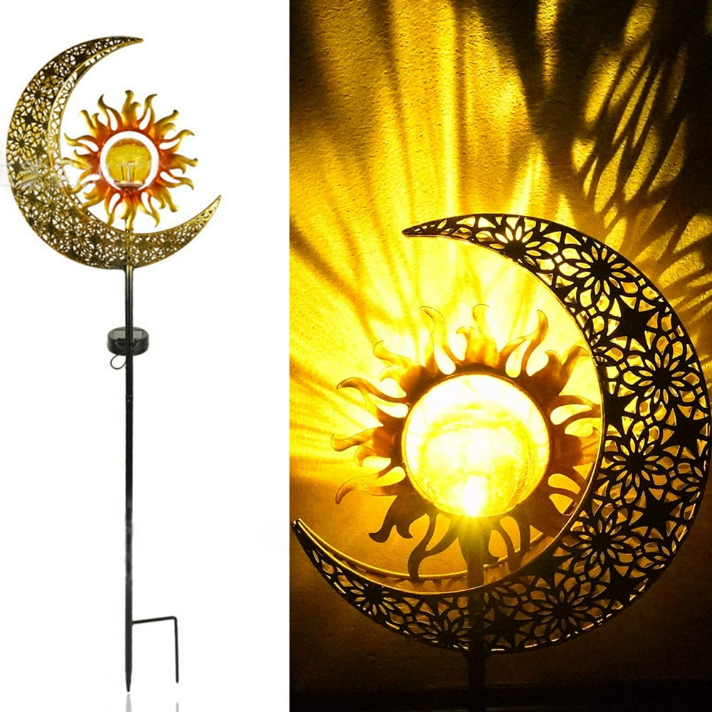 Genkent Solar Garden Stake Light Outdoor Moon Sun Decor, Crackle Glass