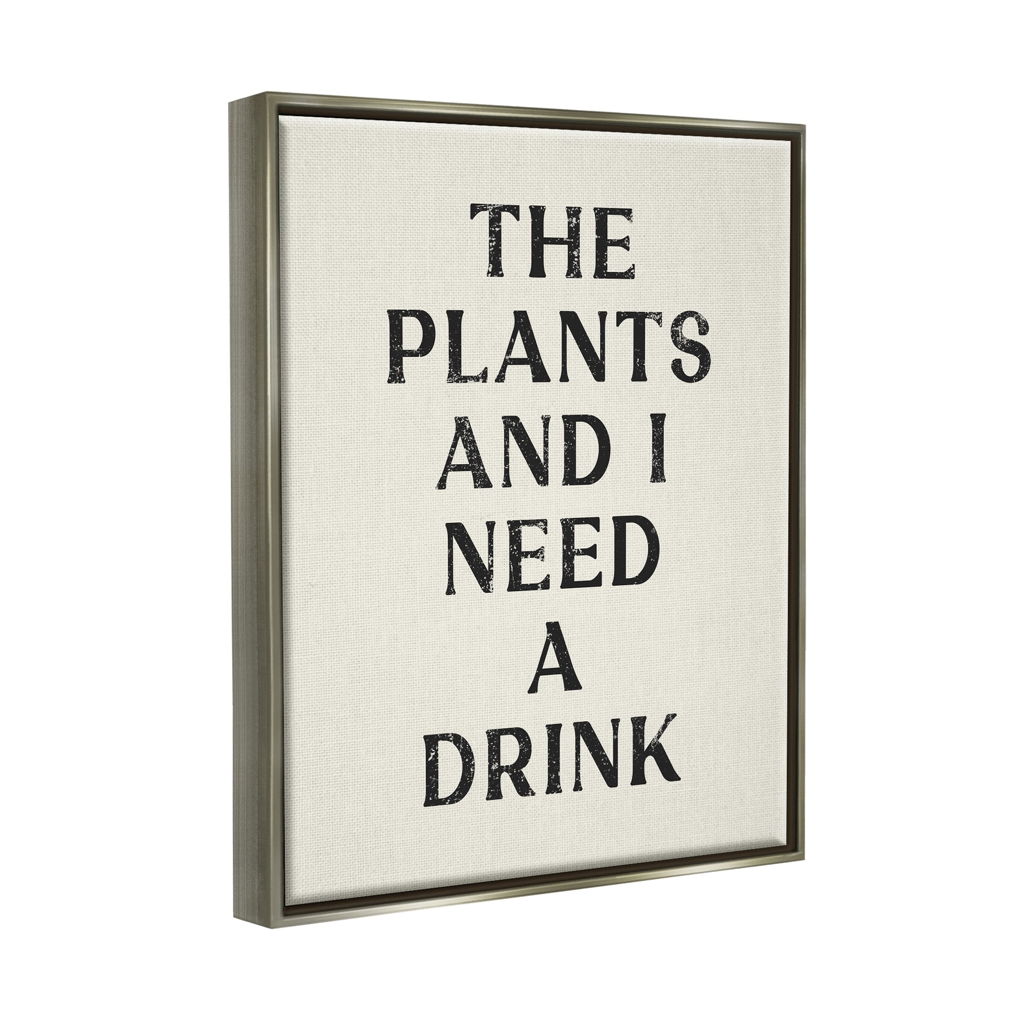 Stupell Industries Need a Drink Humorous Plant Parent Weathered Text Luster Gray Framed Floating Canvas Wall Art, 16x20, by Lil' Rue