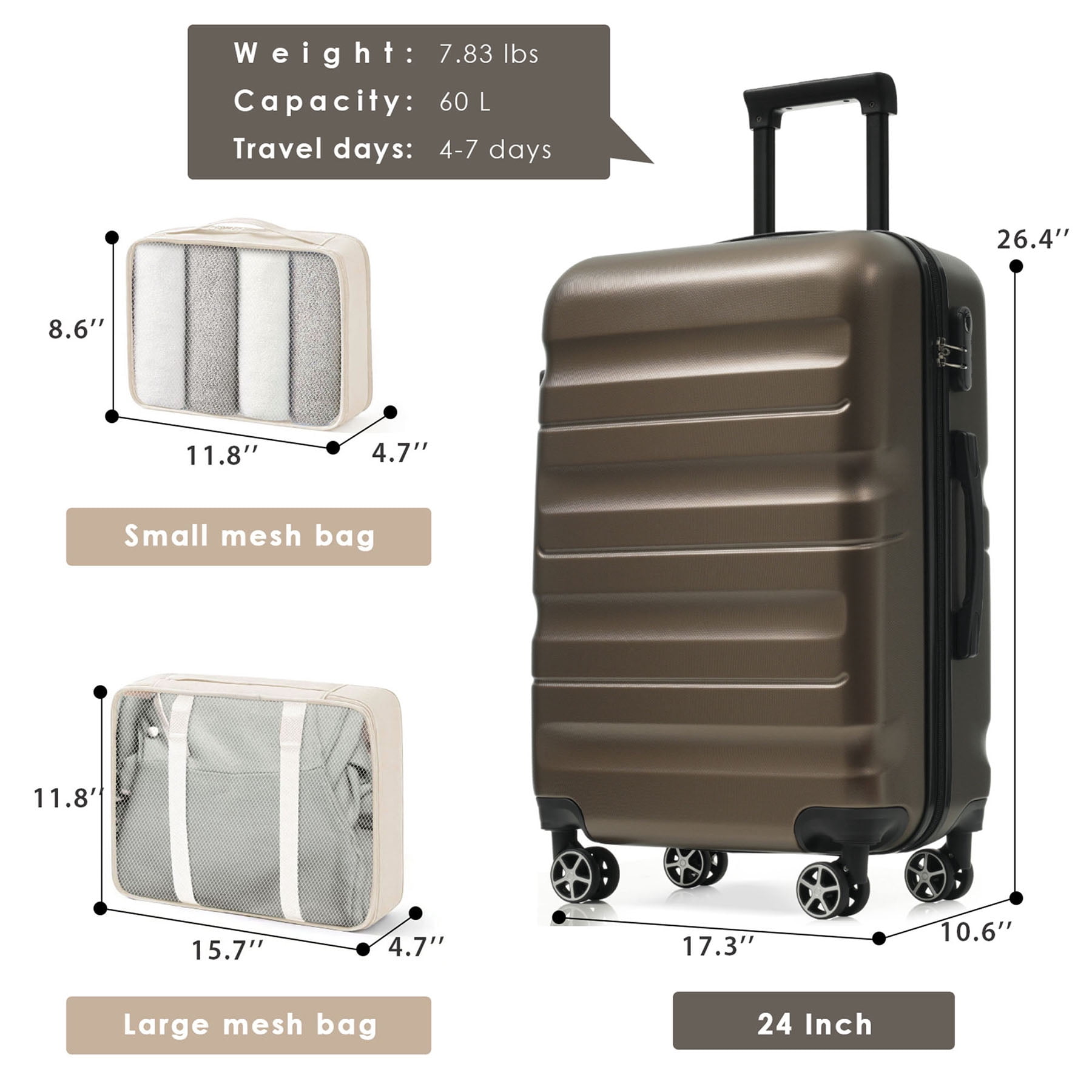 Hardshell ABS Luggage Set in Black 24-Inch Checked Suitcase with Spinner Wheels and Packing Cubes for Travel