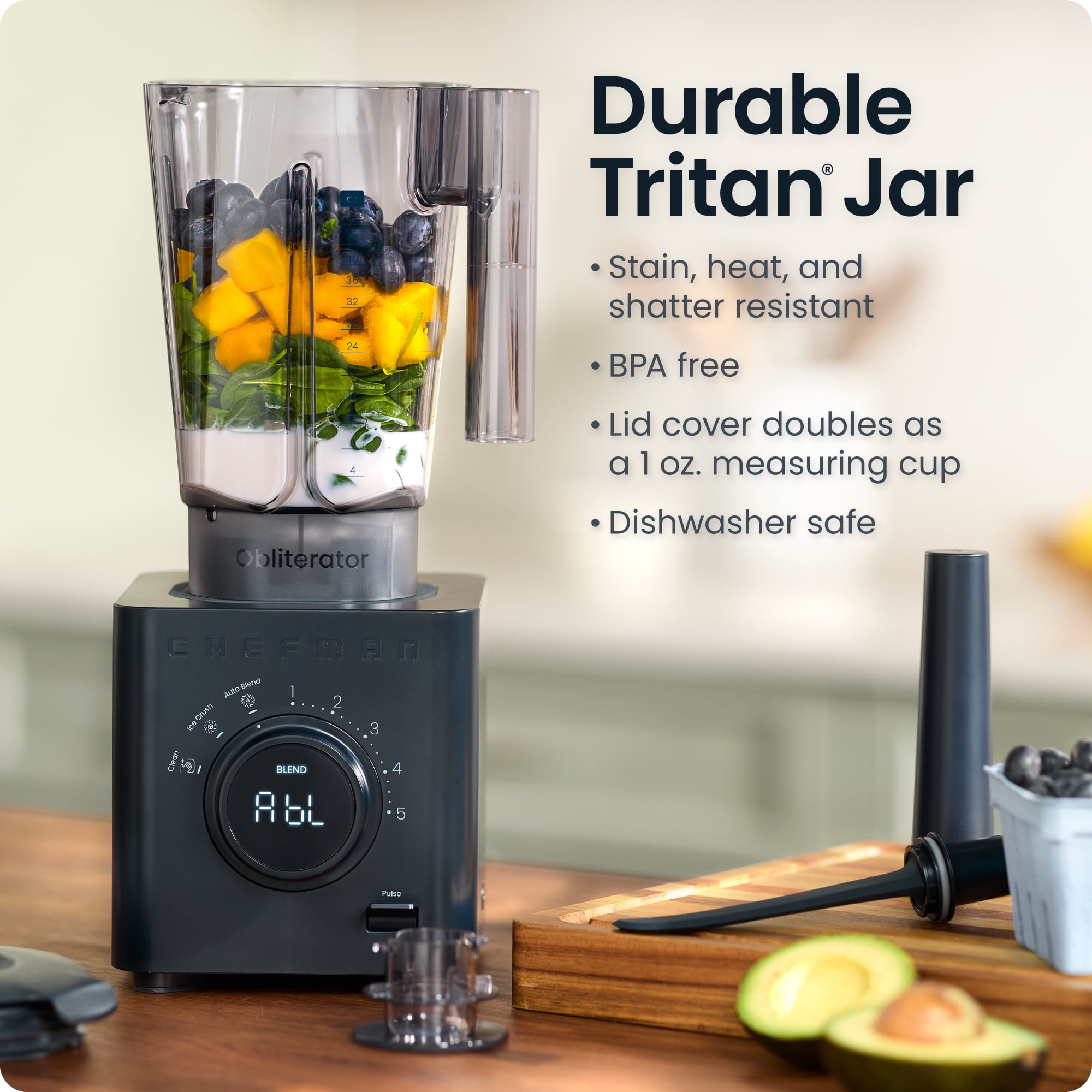 Chefman Obliterator 48oz Countertop Blender w/ 20oz Travel Jar and Tamper/Scraper Tool – Midnight