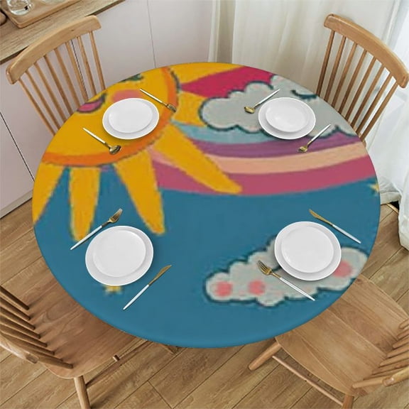 Children's Round Fitted Tablecloths, Sun Rainbow & Clouds Elastic Edge Decorative Tablecloths, Dust Proof Washable Fabric Table Cover