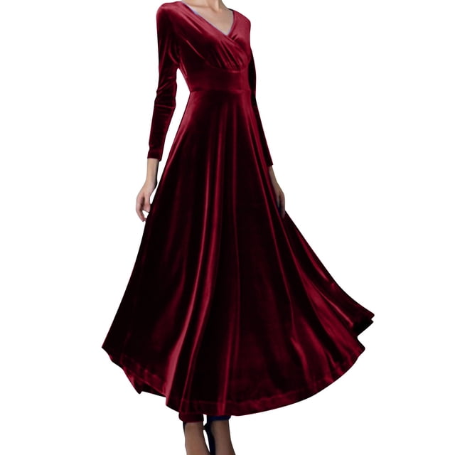 Prolriy Robes d'Invité de Mariage pour Femmes Manches Longues Col en V Robe en Velours Doré Robes de Soirée pour Femmes 2025 Robe Formelle Vin P