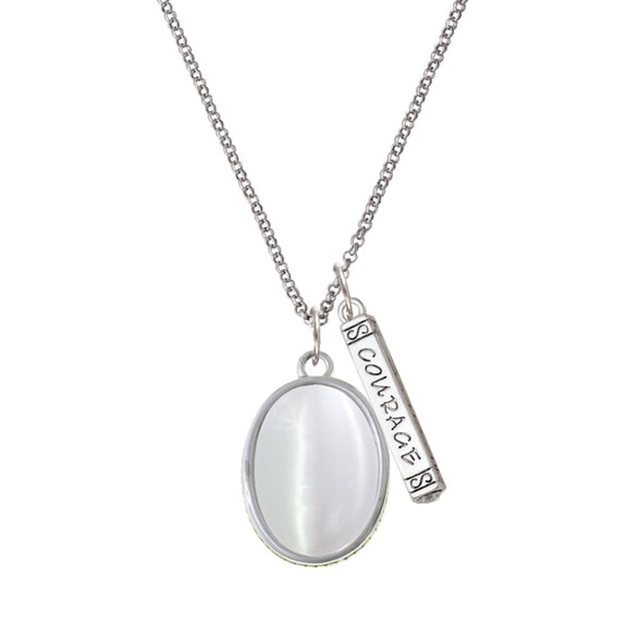 Delight Jewelry Silvertone Oval - Imitation Cat's Eye - White - Silvertone Courage Strength Wisdom Honesty Bar Charm Necklace, 23"