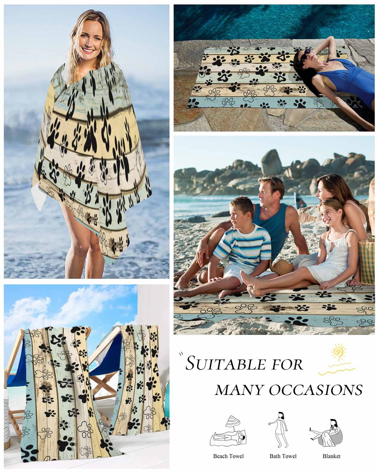 Teal Brown Paw Prints Beach Towels Oversized Super Absorbent, Vintage Farmhouse Wooden Grain Lightweight Bath Towel Quick Dry Sets For Bathroom/Pool/Rv Camping/Beach Play/Gym Room/Picnic 23"x47"