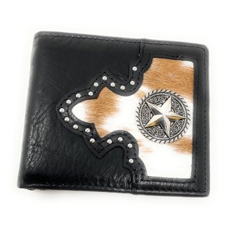 Western Genuine Tooled Leather Cowhide Cow Fur Mens Bifold Short
