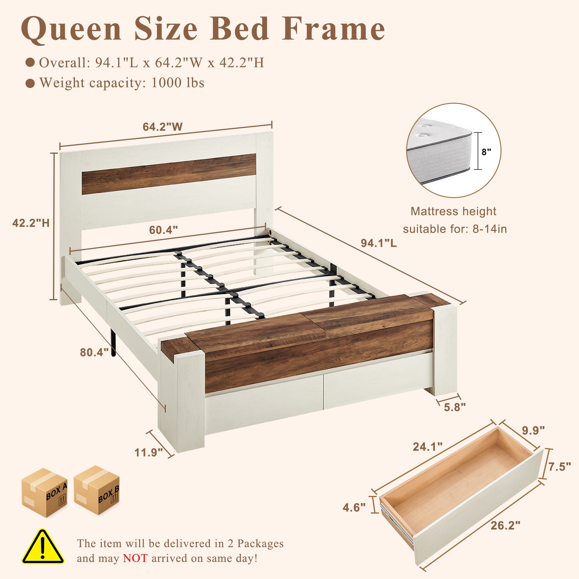 KeyWhat Modern Queen Size Storage Bed Frame with Panel Headboard, Footboard Storage Bench, Built-In Drawers, Lift-Up Compartments, No Box Spring Needed, Antique White