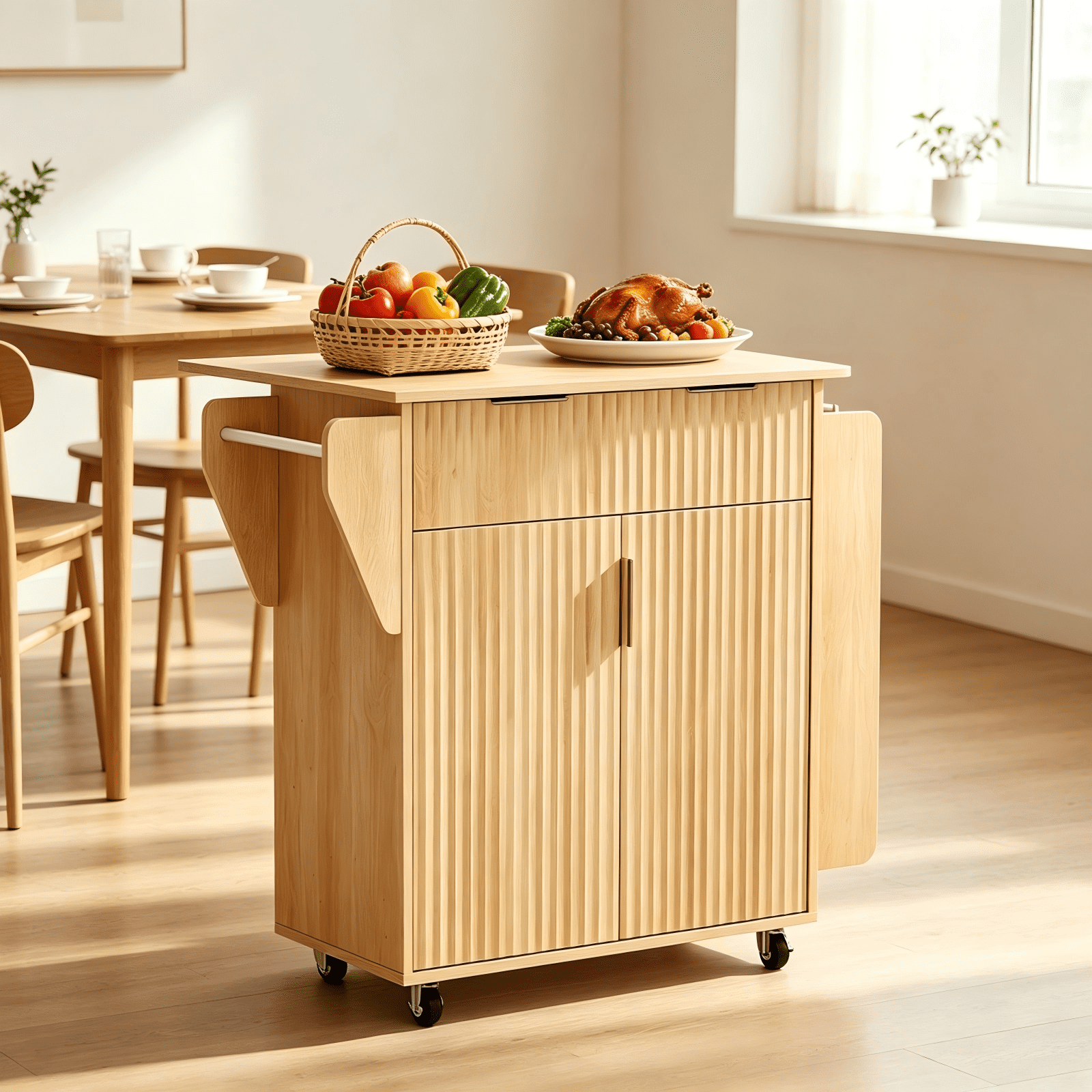 2-Door 1-Drawer Grille Food Cart Gold-Plated Aluminum Alloy Door Handles Vacuum-Formed Door Panels Rubberwood Countertop MDF Sideboard, 31.5*26.69*35.04in Oak