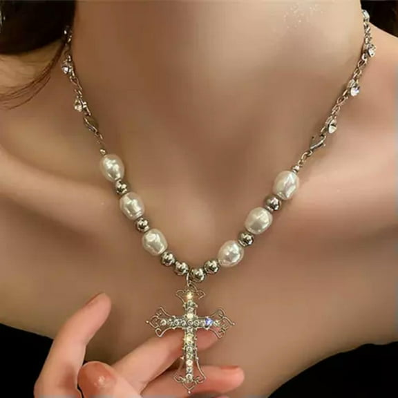 K-KED Fashion Delicate Jewelry Retro Silver Cubic Zircon Pearl Crucifix Cross Necklace