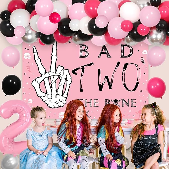 Bad Two the Bone Party Decorations Girl Pink Bad Two the Bone Backdrop Rock Themed 2nd Birthday Balloon Garland Music Themed Birthday Rock N Roll Theme Decors for 2nd Birthday Party
