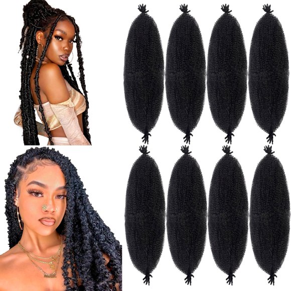shiyou-Springy Afro Twist Hair 24 inch 8Packs Pre Fluffed Marley Twist Braiding Hair Spring Twist Hair Wrapping Hair for Soft Locs Hair Extensions (1B, 24 inch(8Packs))
