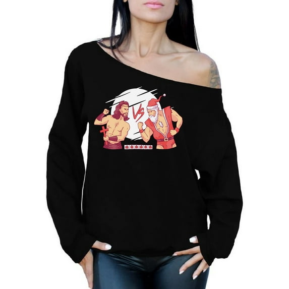 Christmas Combat Off Shoulder Sweatshirt for Her Happy Holidays Season Jesus VS Santa Sweater for Women