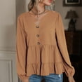 thumbnail image 2 of Blusa de las mujeres manga larga color puro V Masajeadores cuello botón decoración dobladillo con volantes camisa superior para el hogar caqui L, 2 of 8