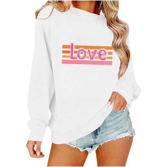 Womens Valentines Sweatshirt Cute Love Heart Graphic Long Sleeve Round Neck Casual Fashion Holiday Sweatshirts Tops (XS, White)