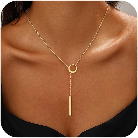 Gold Necklace for Women Trendy, Dainty Layered Lariat Necklace 14k Gold Plated Silver Y Shaped Beaded Chain Non Tarnish Drop Necklaces Simple Adjustable Jewelry Gift