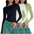 thumbnail image 3 of Aboser 3 Pack Womens Basic Crop Shirts Long Sleeve Y2k Tops Slim Fit Going Out Tees Cozy Soft Round Neck Tshirts Solid Color Casual T-Shirt Green L, 3 of 5