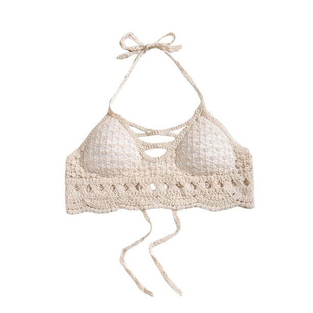 Top de bikini de crochet para mujer, sujetador de punto con cuello halter para discotecas, viajes, fiestas y vacaciones. Beige