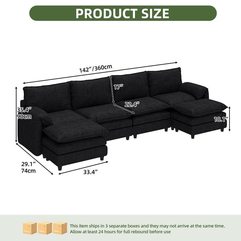 Uforic Sectional Sofa with Ottoman, 142" U Shape Modern 6 Seat Cloud Couch with Pillow-Armrest, Black