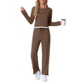 thumbnail image 2 of INSPIRE CHIC Women's Pajama Sets Long Sleeve Crewneck Elastic Waistband Lounge Sets with Pockets S Brown, 2 of 6