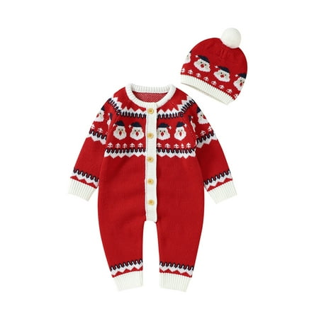 

Huakaishijie Kids Baby Boys Girls 2PCS Christmas Outfits Long Sleeve Button Down Knitted Romper + Beanie Hat Set