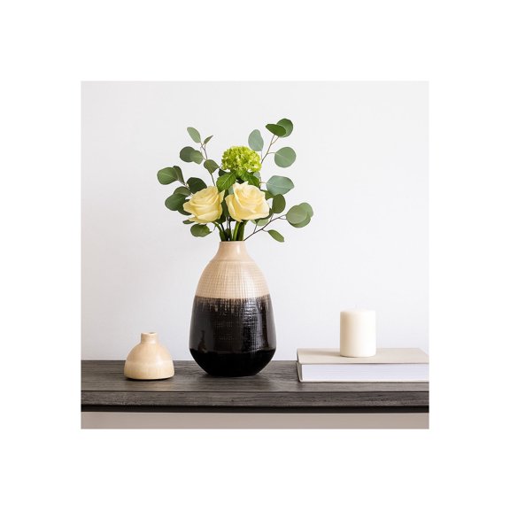 Decorative Two Tone Ceramic Jar with Lid for Living Room Decor - Stylish Home Decor Accent for Office Spaces, Coffee Table, and Bedroom Decor - Elegant Flower Vase for House Decor - 12", White