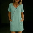 thumbnail image 4 of Vivianyo HD Women's V-Neck Diagonal Button Mini Tunic Dress, Womens Short Sleeve Solid Loose Casual Summer Dresses with Side Pocket for Vacation, Women's Green, Sizes S-2XL, 4 of 6
