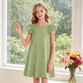 thumbnail image 2 of vigerkar Girls Summer Ruffle Dress Flutter Sleeve Casual Ribbed Dresses Elastic Waist with Pockets 5-14 Years (Green, 6-7 Years), 2 of 5