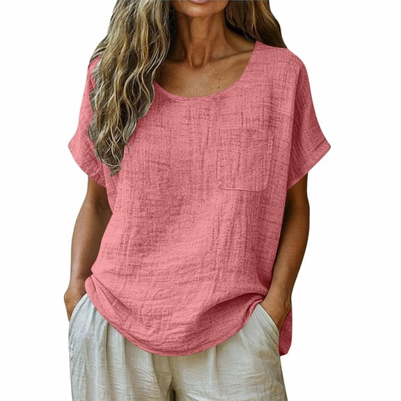 Htigea Women's Crew Neck Tee Linen Short Sleeve T Shirts Casual Loose Fit Pullover Summer Gauze Tops with Chest Pocket Hot Pink S