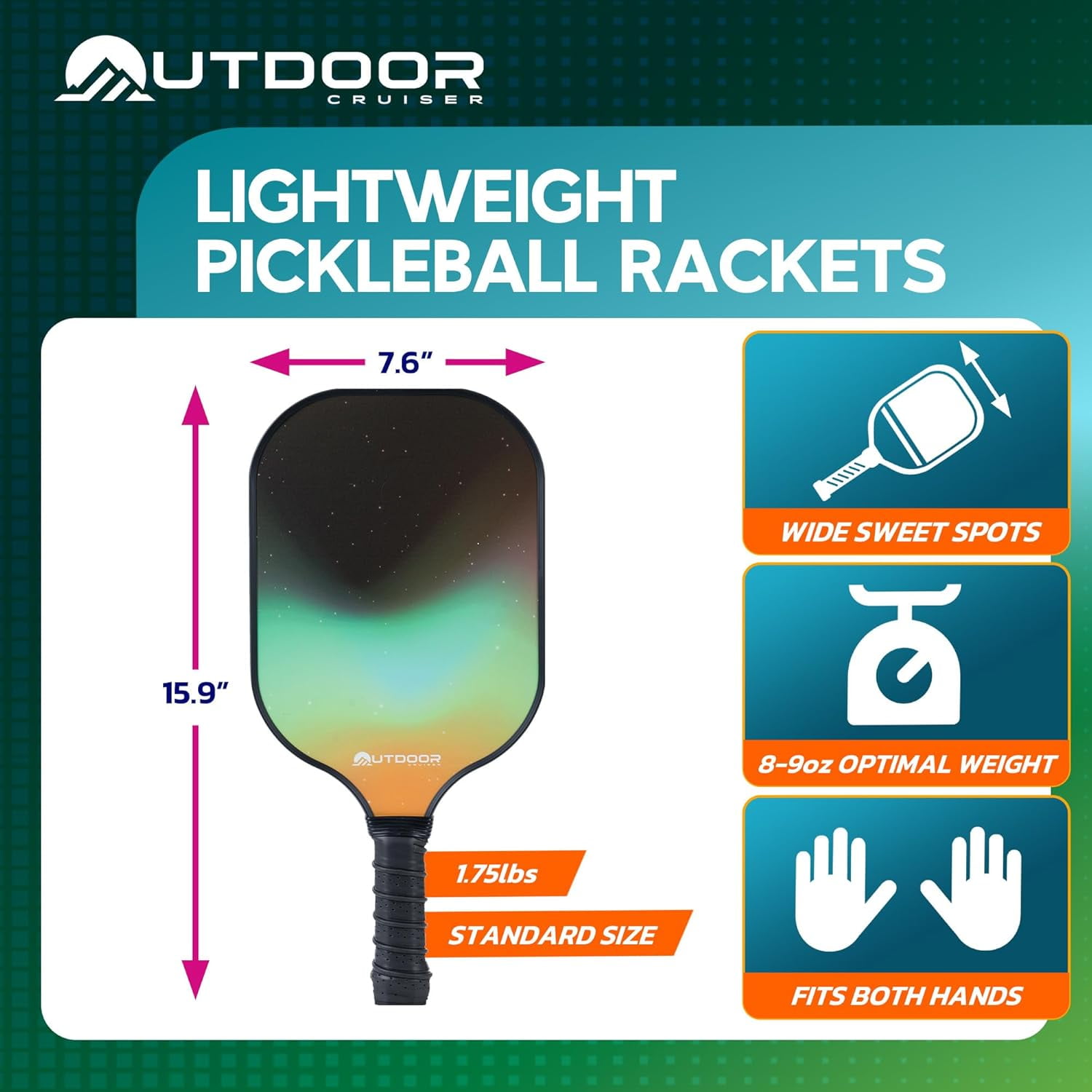Outdoor Cruiser Pickleball Paddle Set – USAPA Approved, Premium Fiberglass Paddles with Lightweight Shock-Absorbing Grip, Includes 2 Rackets, 4 Balls, Grip Tapes, and Sling Carry Bag