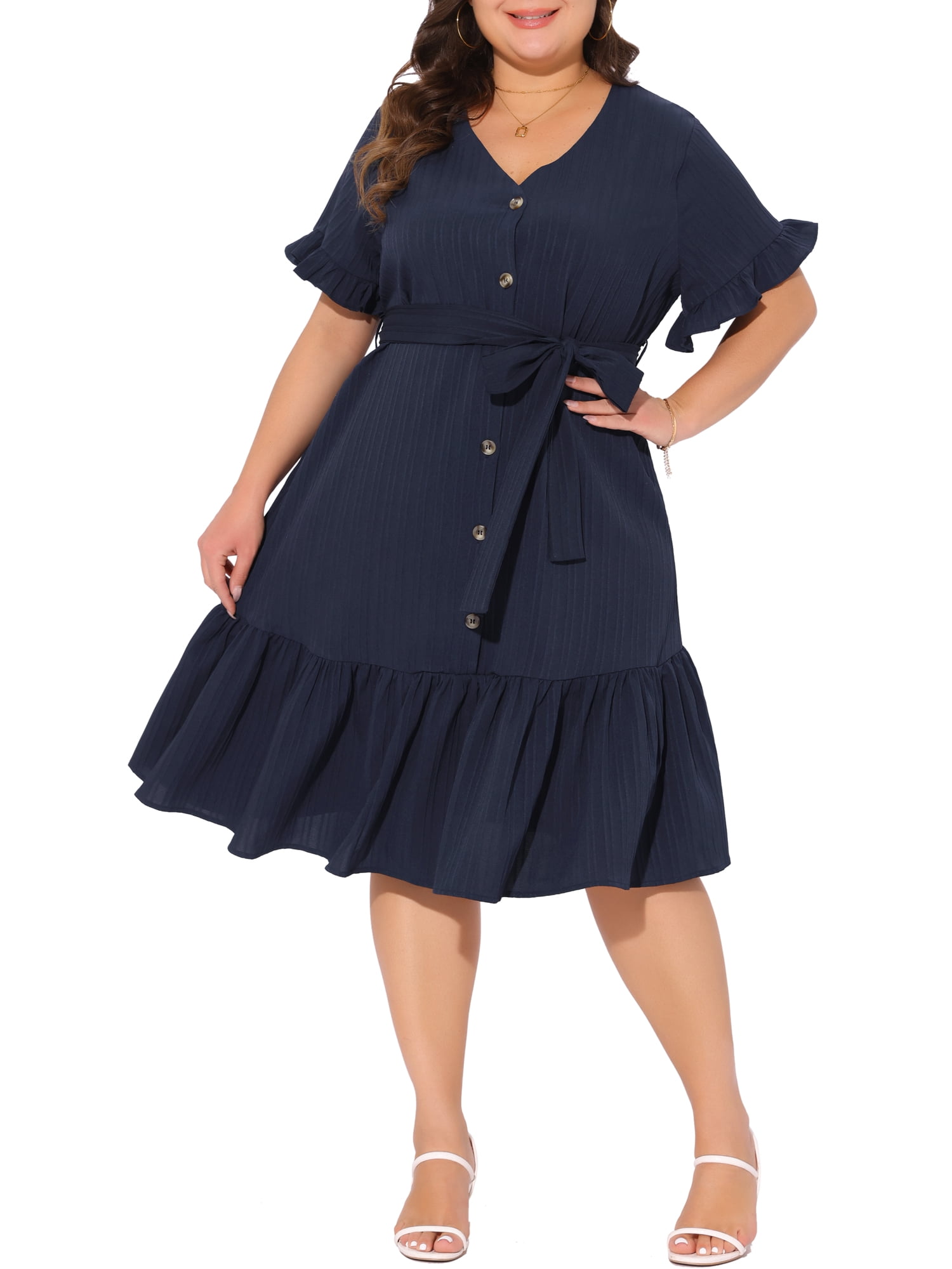 DARING DIVA Plus Size V Neck Short Sleeves Ruffle Hem Beach Dress 3X Dark Blue