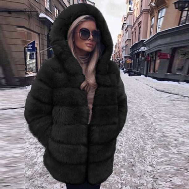 Abrigo y chaquetas de piel sintética con capucha y manga larga para mujer, de retazos de imitación, de longitud media, con capucha, para mujer