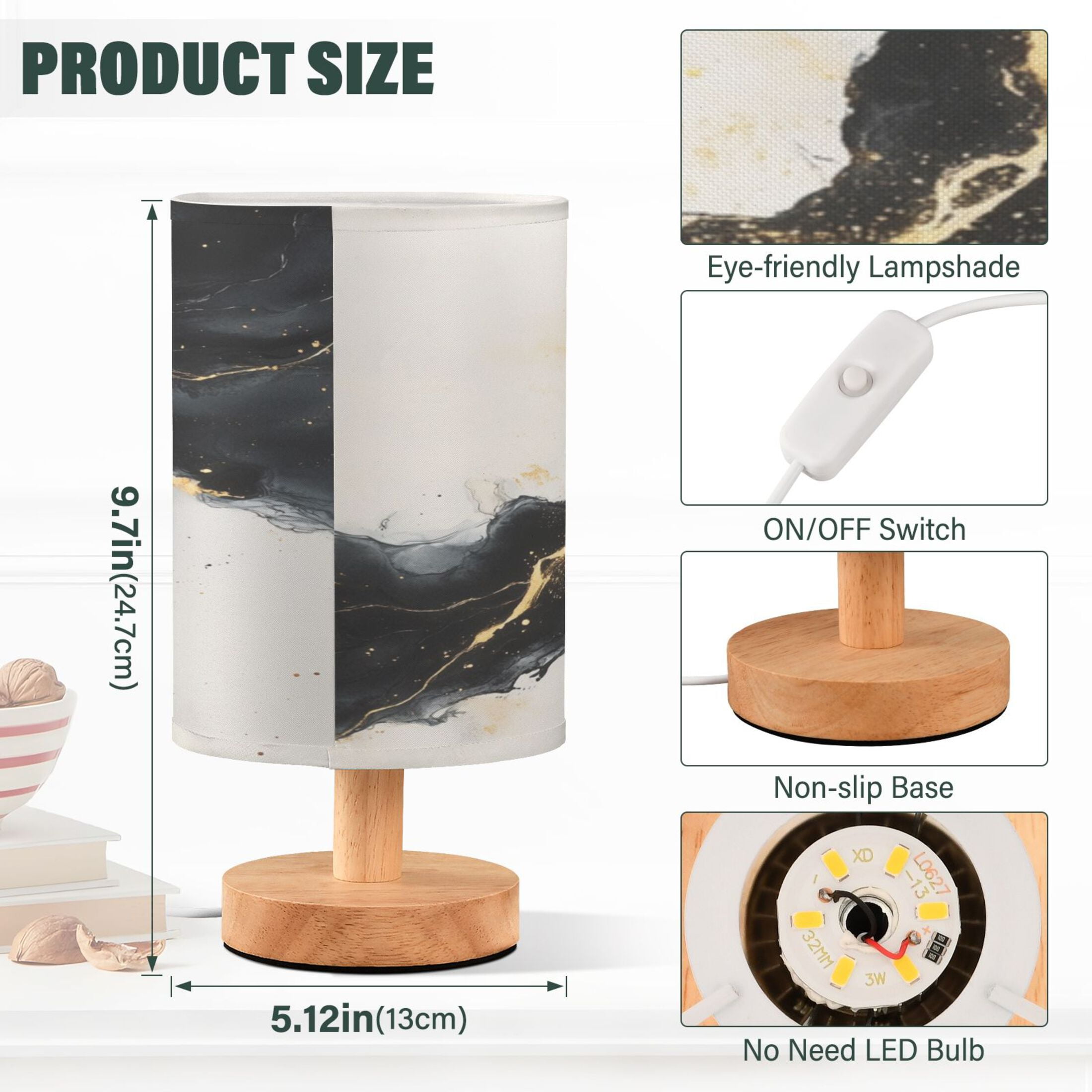 Desk Lamp Bedside Lamp 5.12x9.7In LED Lamp With USB Charging Interface For Bedroom Living Room Office Study Stylish Decoration Black Beautiful Marble