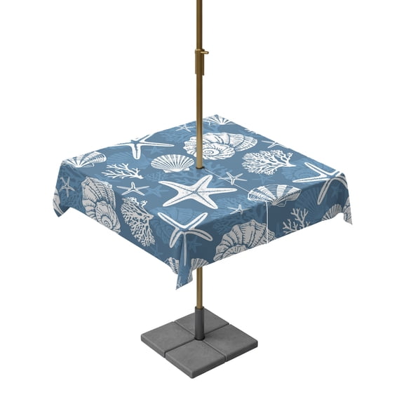 Outdoor Tablecloth with Umbrella Hole for Patio/Picnic/Party/Camping, Starfish Sea Blue Coastal Waterproof Table Cloth Square Cover Washable, Summer Nautical Shell Beach (60"x 60")