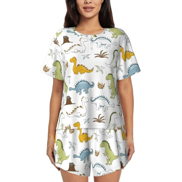 Fotbe Dinosaur Conjunto de Pijama Estampado para Mujer, 2 Piezas, Ropa de Dormir con Camiseta de Manga Corta y Shorts Suaves-Large