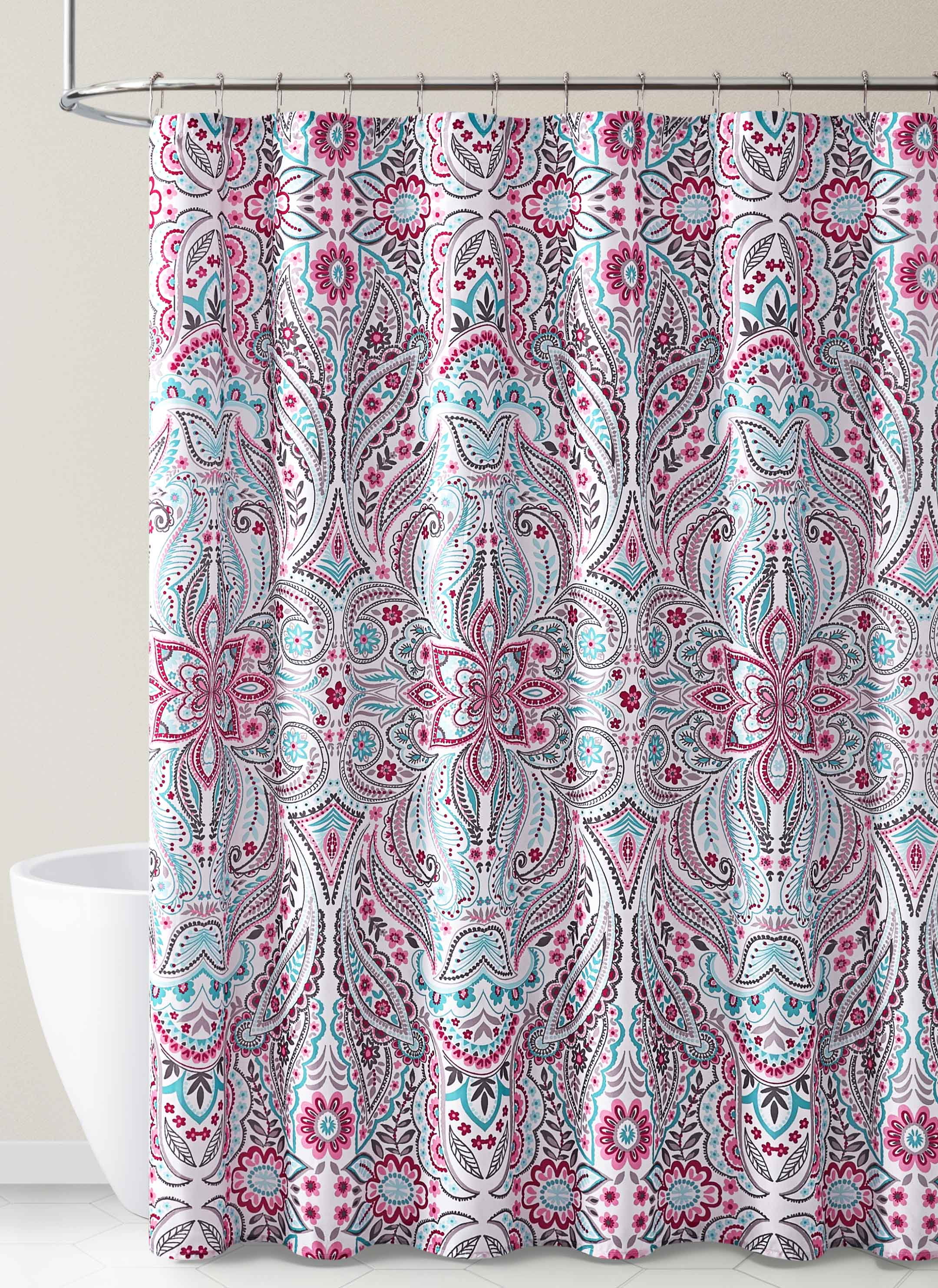 Fabric Shower Curtain for Bathroom White Gray Teal Pink Kaleidoscope Design 72L 
