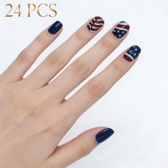 4th Of July Independence Day French Tip Press-On Nails, Almond,Red White Blue,Short, 24 Count