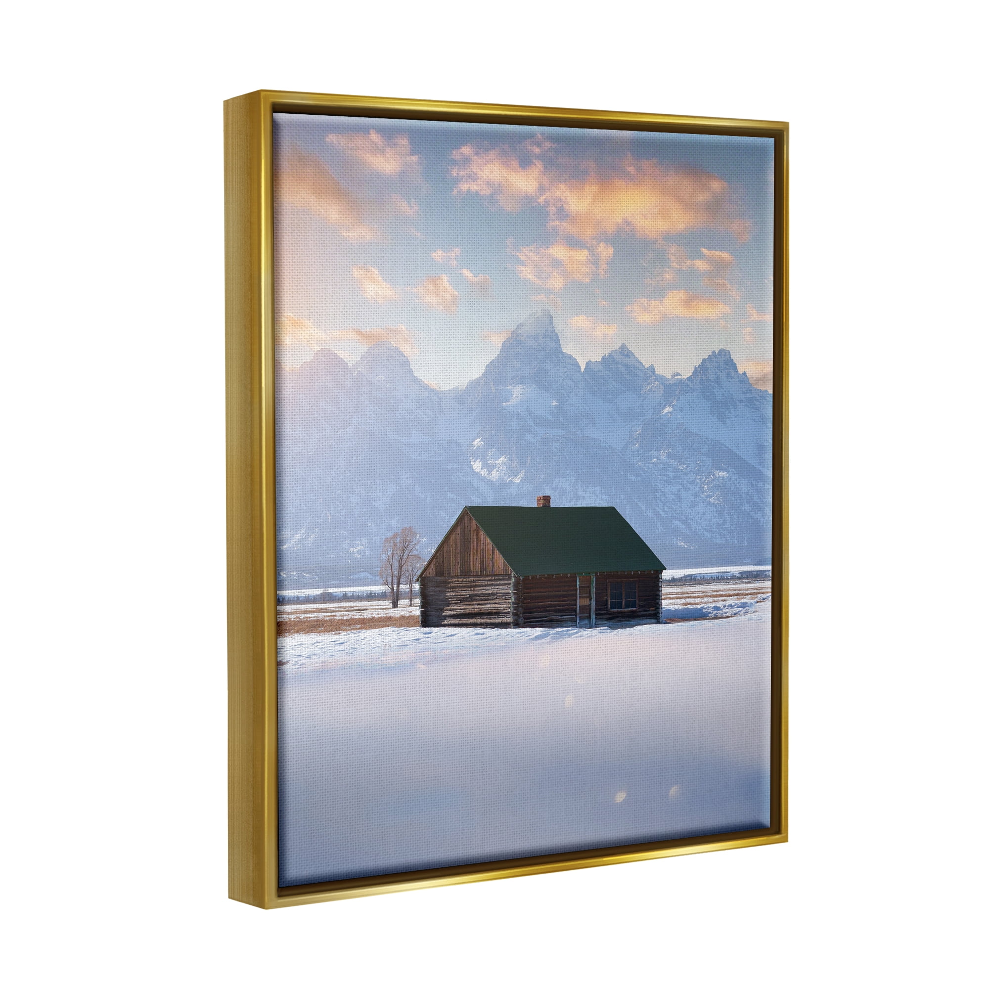 Stupell Industries Snowy Winter Cabin Landscape Photography Gold Floater Framed Canvas Art Print Wall Art, 25 x 31