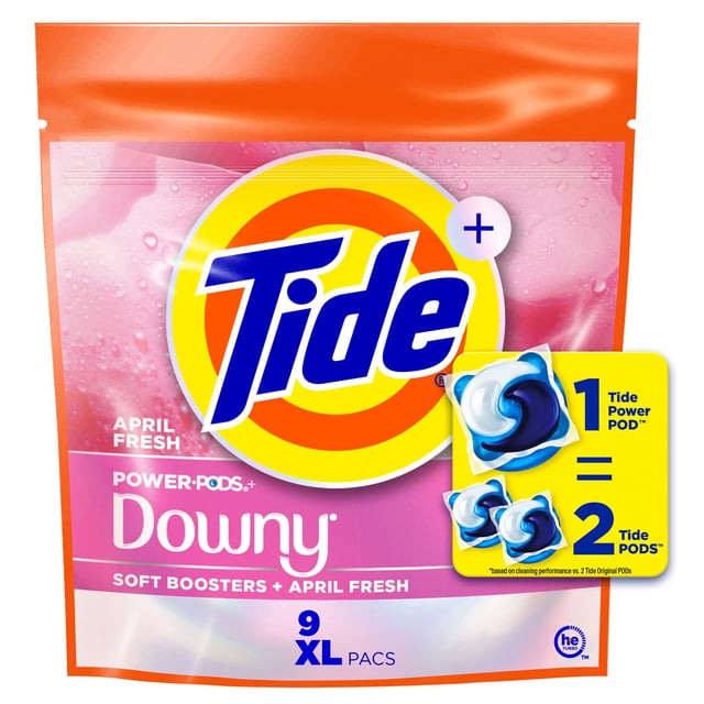 Tide Power PODs + Downy Laundry Detergent Pods, Soft Boosters + April Fresh, Detergent soap pacs for Laundry washing, HE compatible, 9 Count