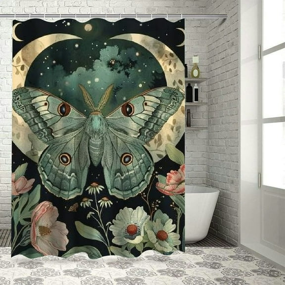 BCIIG Moth Flowers Moon Bathroom Decor Set with Hooks, Colorful Luxurious Polyester Fabric Fashion Shower Curtain for Bathroom Home Decoration 36"x72