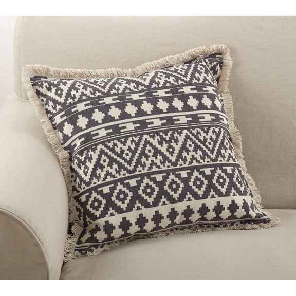 Fennco Styles Peters Aztec Tribal Fringe Border Cotton Throw Pillow 20" Square