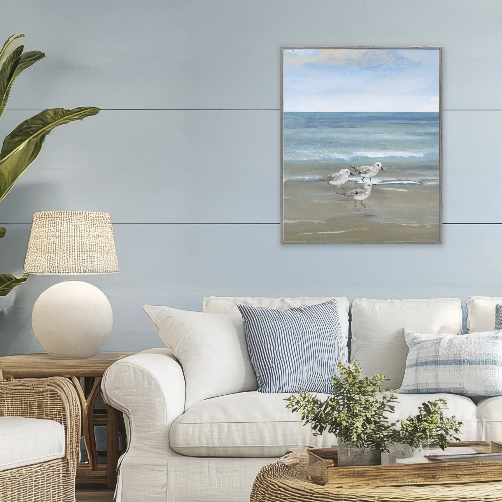 Stupell Industries Three Shorebirds & Gentle Waves Gray Framed Giclee Art, design by Nan