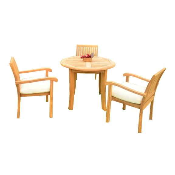 4 PC A Grade Outdoor Patio Teak Dining Set - 36" Round Table & 3 Naples Stacking Arm Chairs