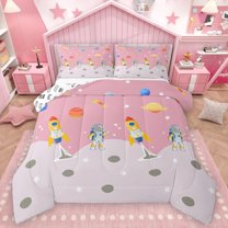 Homewish Cute Astronaut Queen Comforter Set,Cartoon Rocket Bedding Sets,Colorful Planet Bedding Comforter Set For Boys Girls,Super Cozy Room Decor Reversible,3pcs