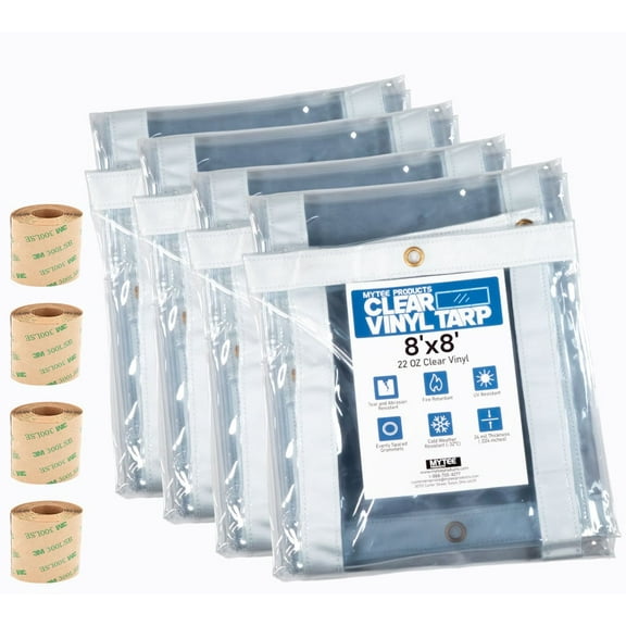 4 Pack 8' x 8' Clear Vinyl Tarp – 24 MIL Thick Heavy-Duty Waterproof Vinyl Tarpaulin with Grommets, UV & Fire Retardant – Cold Weather Resistant Cover for Outdoor