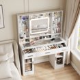 thumbnail image 1 of Vabches Grande Coiffeuse avec Miroir Éclairé 3 Modes, Coiffeuse avec Tiroir Visuel et Bureau & Multiprise USB, Blanc, 1 of 7