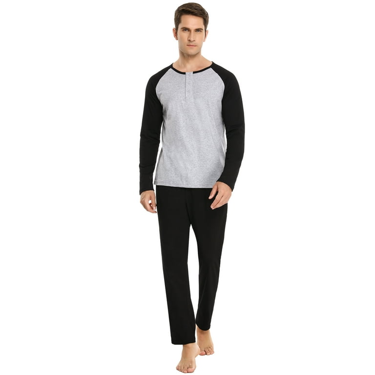 Purcoar Sykooria Men s 100 Cotton Pajama Set 2 Pcs Summer Crewneck Short Sleeve Raglan Pjs Sleepwear Grey blue Large