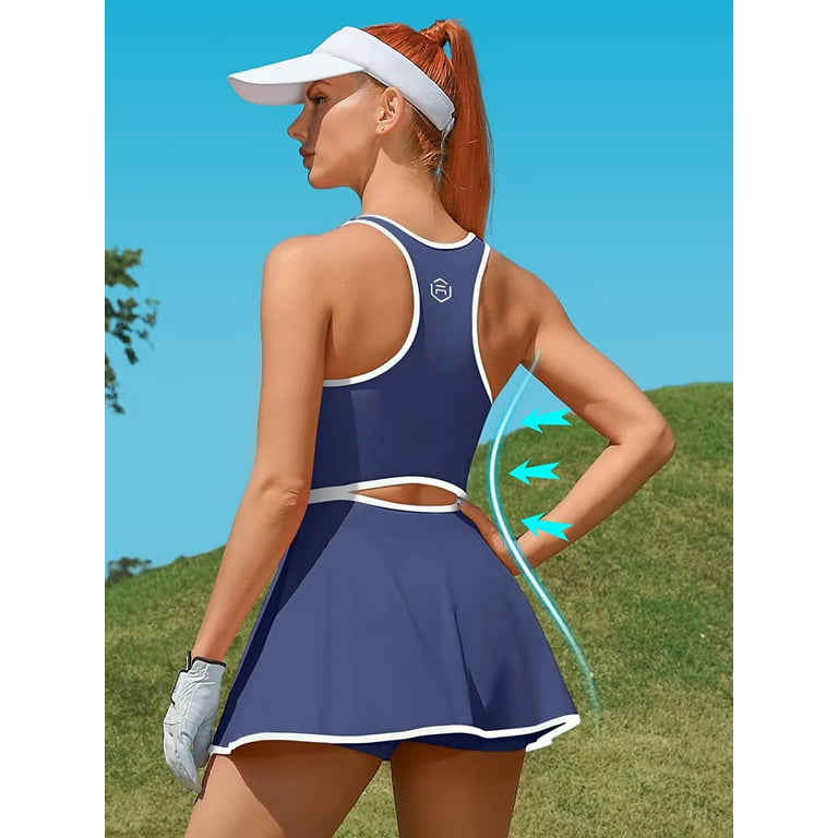 Women Tennis Dress Zipper Workout Dresses Built-in Bra Athletic Skirts with  Shorts and Pockets 