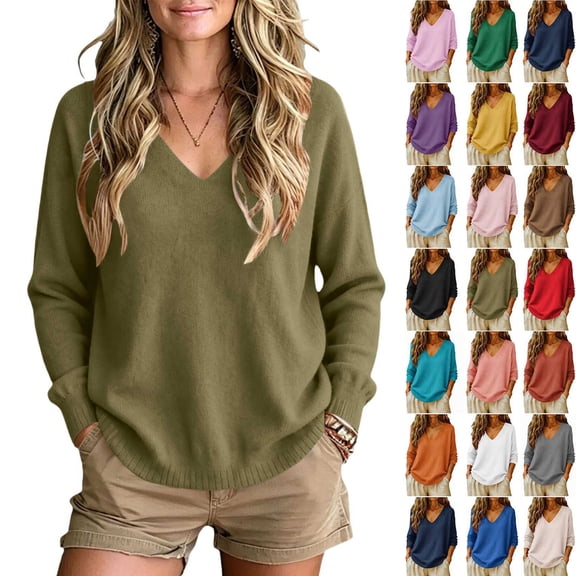 Womens Knitted Sweaters Dressy Casual Lightweight V Neck Long Sleeve Pullover Knit Top,Office Workwear,Fall Winter Layering