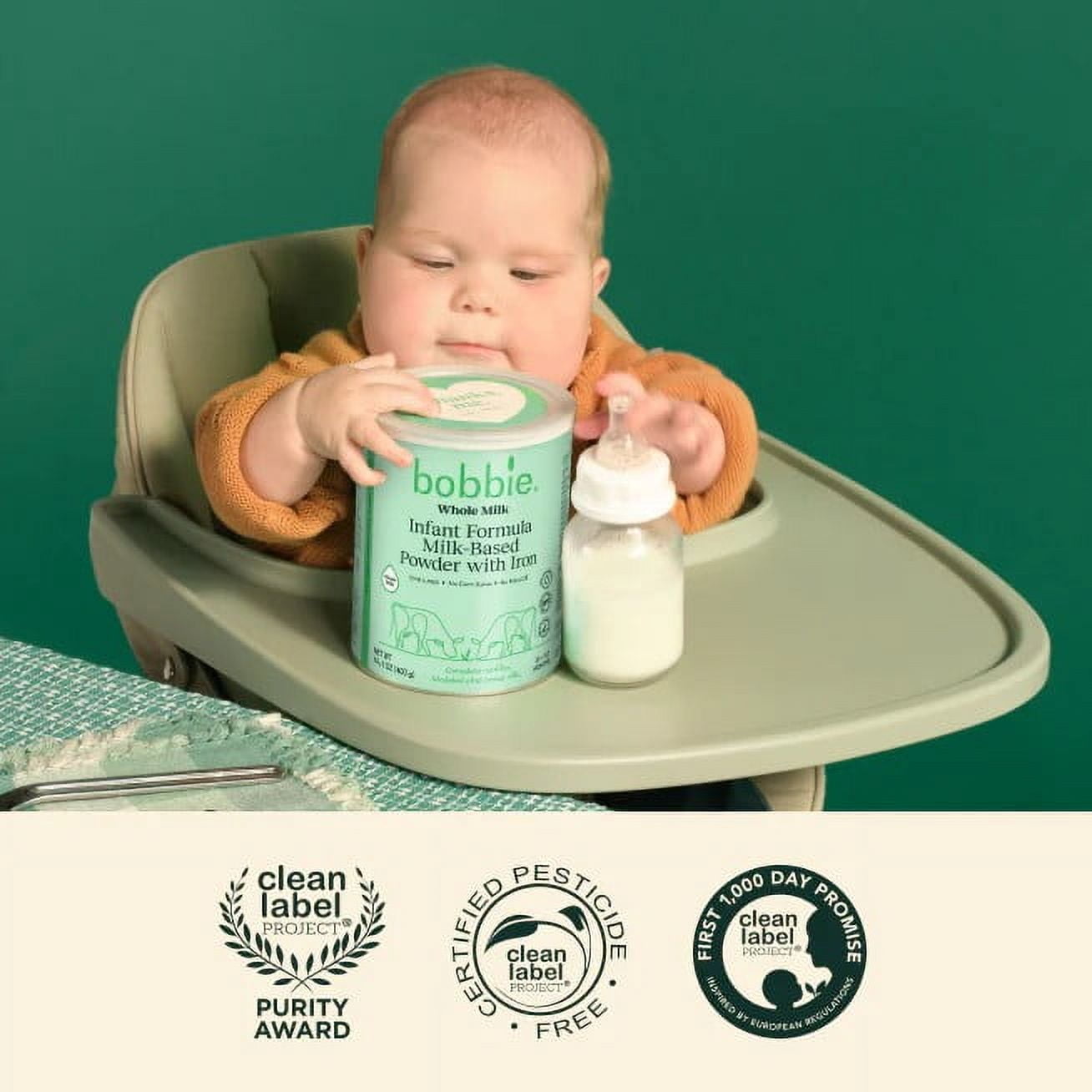 (4 pack) Bobbie Whole Milk Infant Formula for Everyday Feeding, Milk-Based Powder with 1.2mg Iron, Organic Grass-Fed Whole Milk Recipe, 14.1 oz Can